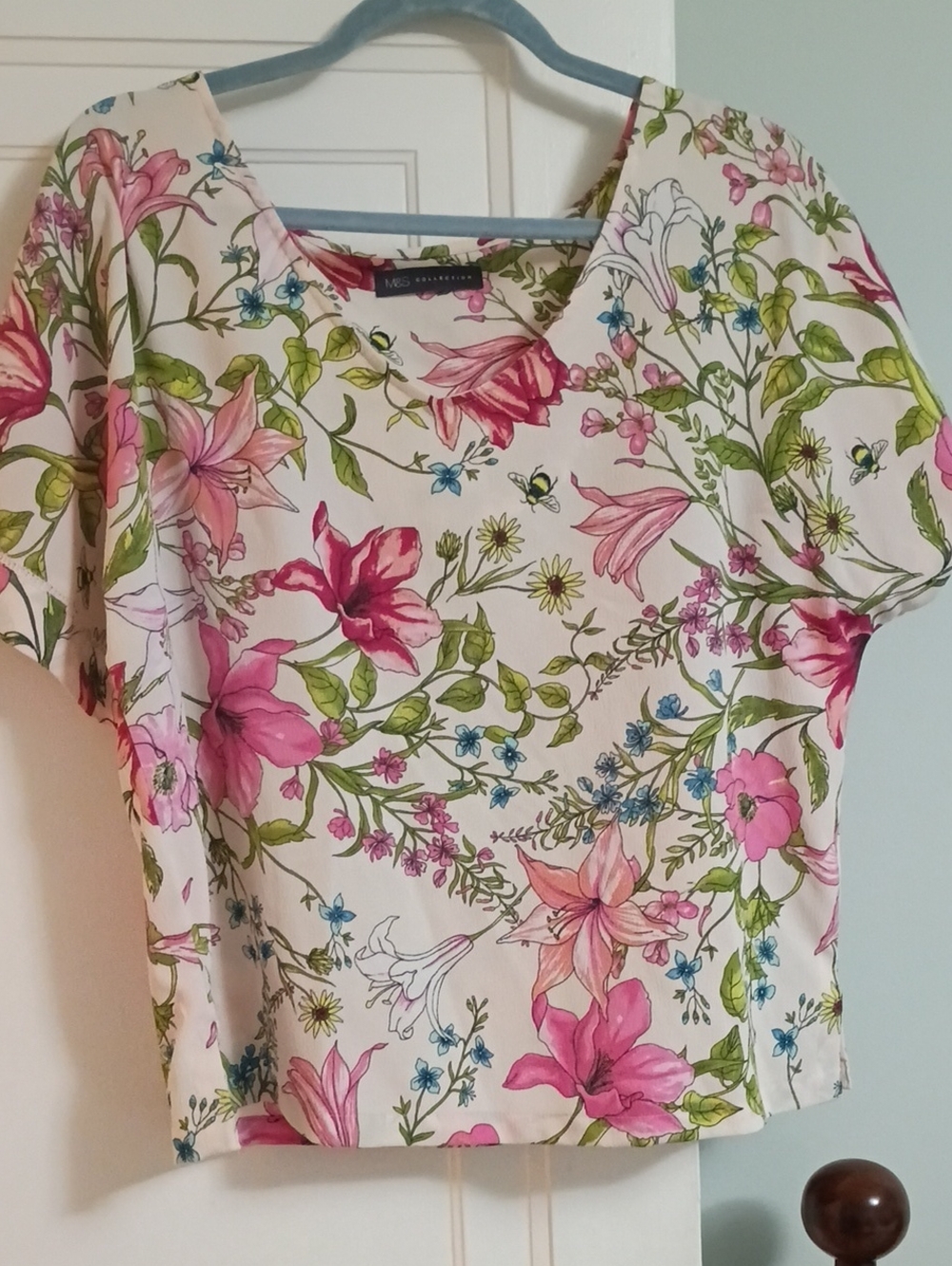MS Collection Cream Floral Short Sleeve Blouse with Pink & Green Print.